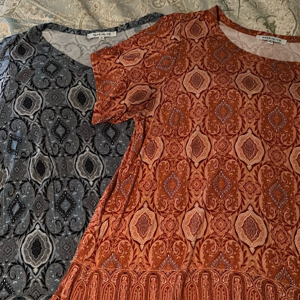 Set of 2 Rose + Olive short sleeved tops, size 2X. One in blue & one in orange.